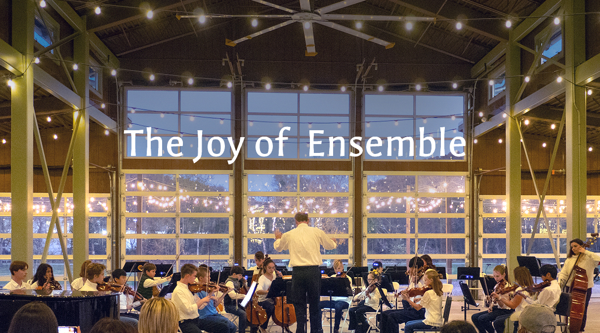 Young people in white shirts playing stringed instruments